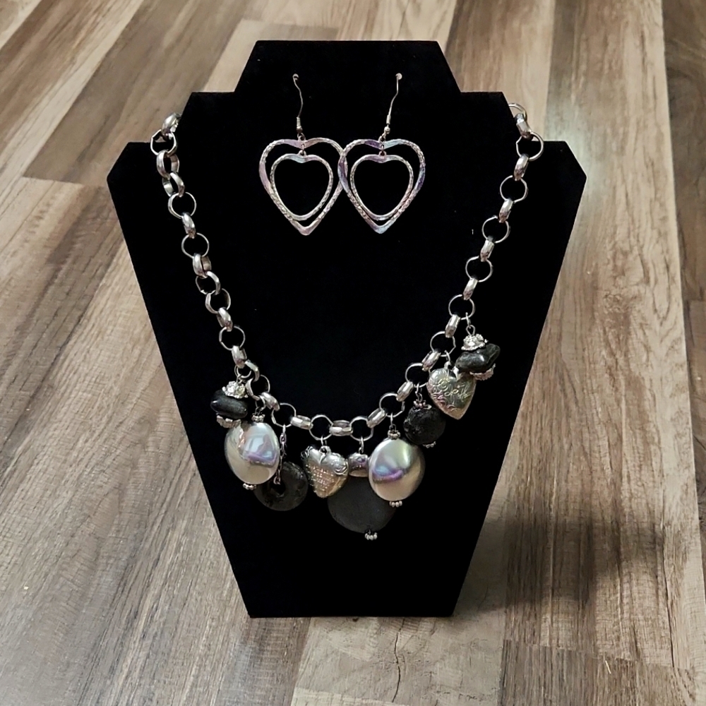 Silver Beaded Statement Necklace Hearts With Matching Heart Earrings Y2K